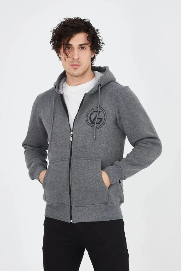 Erkek Füme 3 İplik Pamuklu Fermuarlı Kapüşonlu Baskılı Hoodie 2