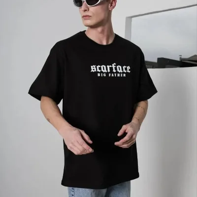Muška crna oversize biciklistička kragna s printom majica 1