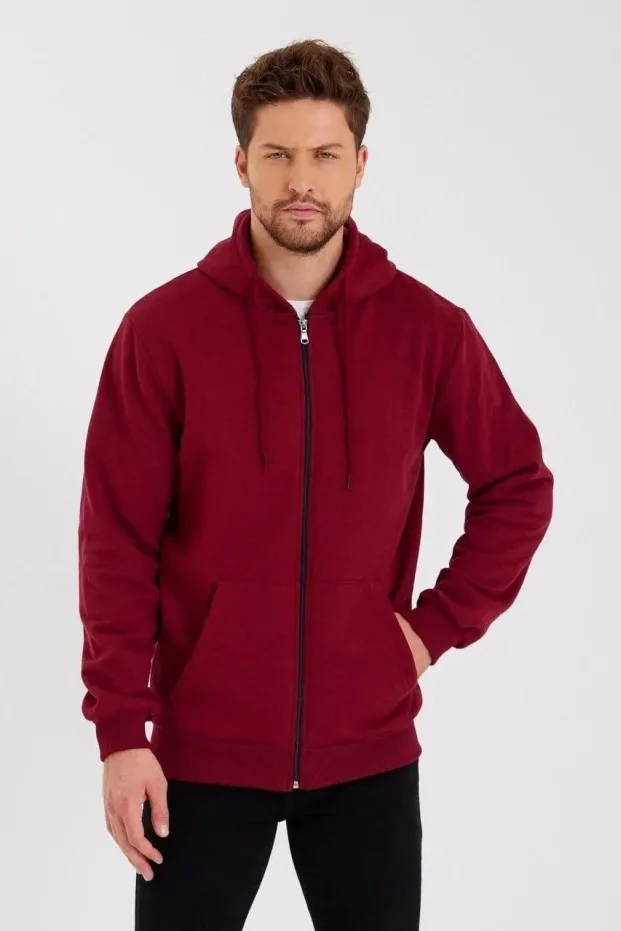Erkek Bordo 3 İplik Pamuklu Tam Fermuarlı Kapüşonlu Sweatshirt 3