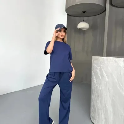 Femeie Bleumarin Oversize Moale Material Modal Mânecă Scurtă Bluză Pantaloni Costum 1