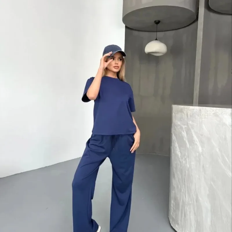 Women's Navy Oversize Soft Modal Fabric Short Sleeve Blouse and Pants Set