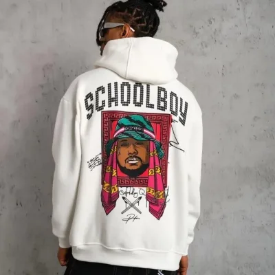 Muški bijeli oversize 3-niti pamučni s kapuljačom tiskani s džepom sweatshirt 1