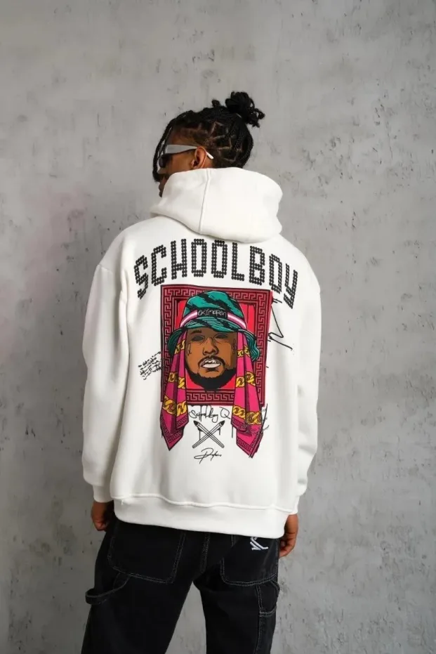 Sweatshirtê Mêran ê Spî ê Oversize yê Bi Kêpik û Berîk, 3 Têl, Pembû, Çapkirî 1
