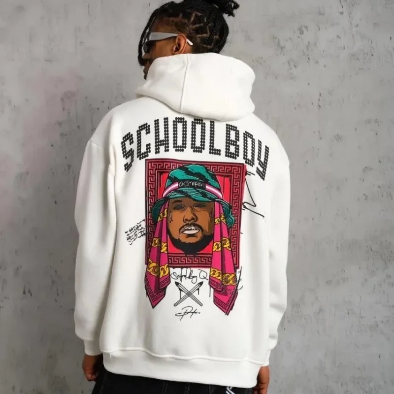 Bărbat Alb Oversize 3 Fire Bumbac Glugă Imprimat Cu Buzunar Sweatshirt
