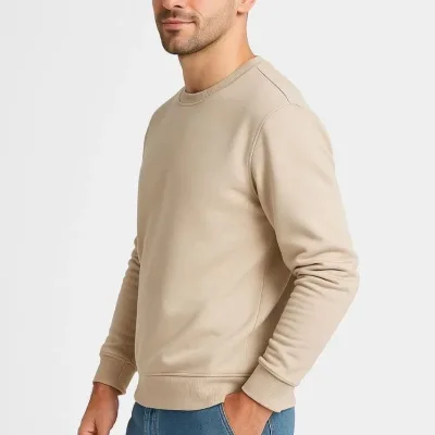 Men's Beige 3-Thread Cotton Plain Crew Neck Sweatshirt 2