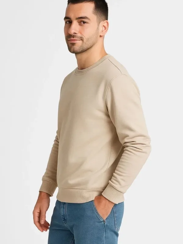 Men's Beige 3-Thread Cotton Plain Crew Neck Sweatshirt 2