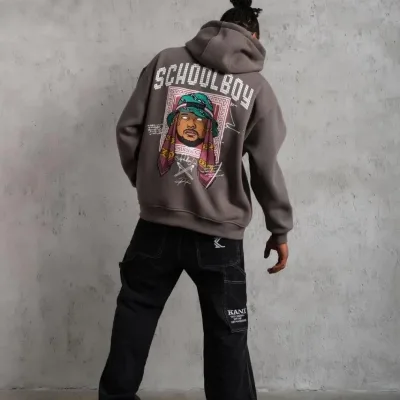 Men's Gray Oversize 3-Thread Cotton Hooded Printed Sweatshirt with Pockets 3