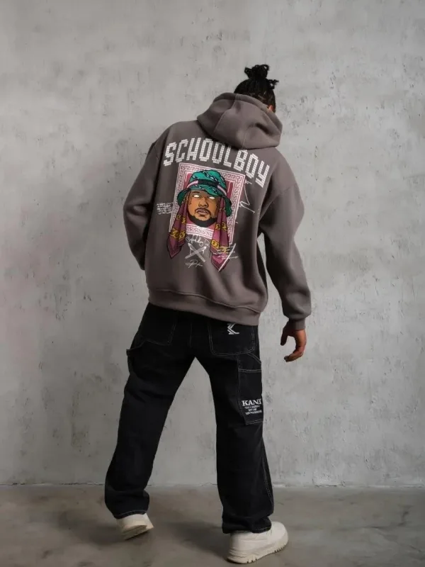 Men's Gray Oversize 3-Thread Cotton Hooded Printed Sweatshirt with Pockets 3