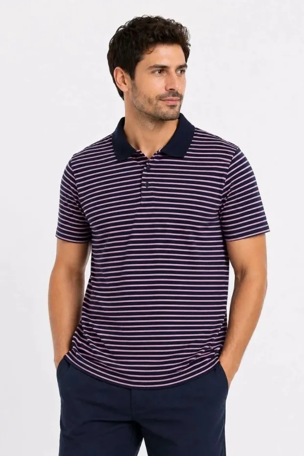 Erkek Siyah Regular Pike Kumaş Çizgili Polo Yaka Tişört 1