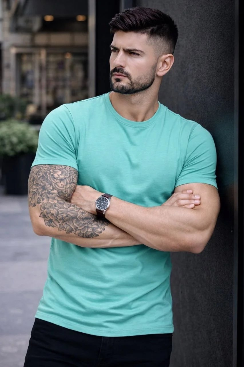 Bluzë body për meshkuj, ngjyrë bruz, slim fit, me elastan, jakë biçiklete 1