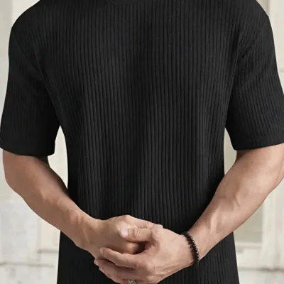 Црн бел 2-ен oversize ребрест памук машки T-shirt 5