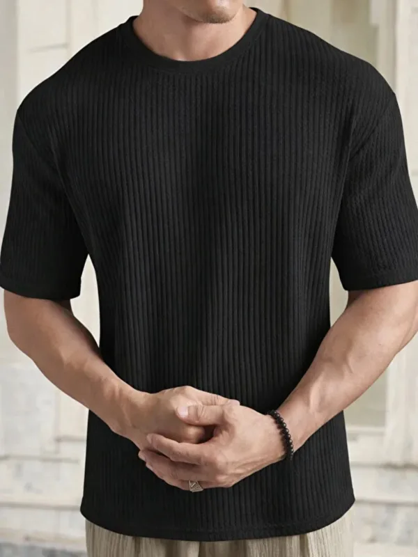Црн бел 2-ен oversize ребрест памук машки T-shirt 5