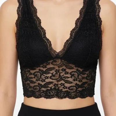 Women's Black V-Neck Strap Lace Bralette Crop Bra Stretchy 4