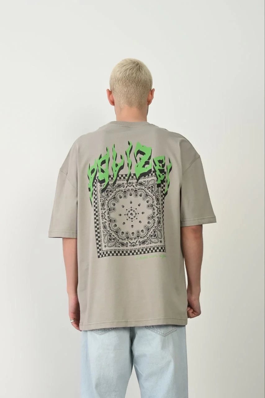 Bărbați Gri Vopsit Oversize Guler Bicicletă Imprimat Tricou 2
