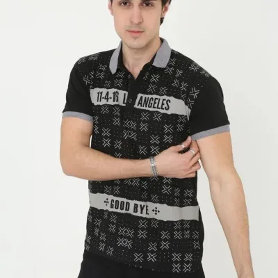 Pánské černé slim fit potištěné polo tričko, krátký rukáv 3