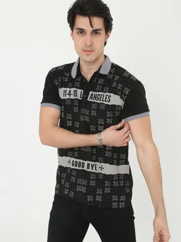 Pánské černé slim fit potištěné polo tričko, krátký rukáv 3