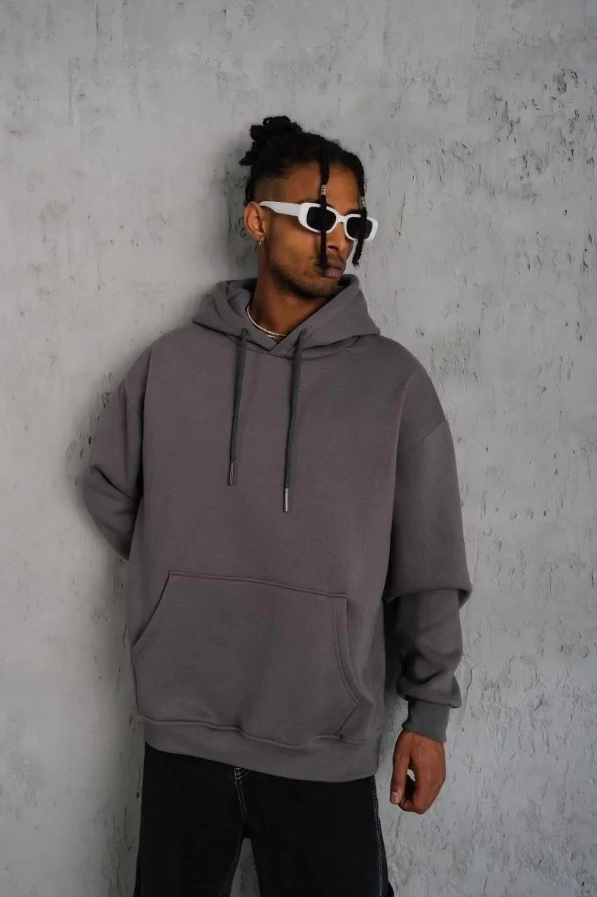 Murš Gri 3 Firă Bumbac Capușon Buzunar Cangur Sweatshirt