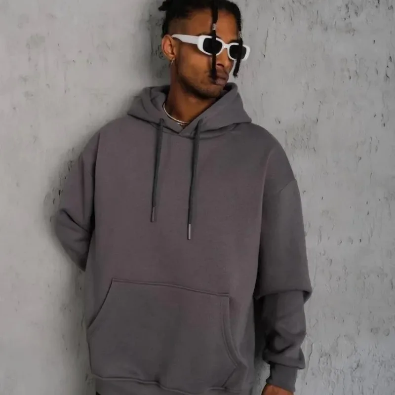 Pánský šedý bavlněný sweatshirt s kapucí a klokaní kapsou, 3 nitě
