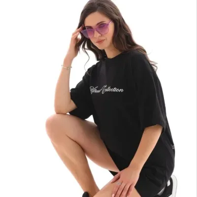 Femeie Negru Oversize Guler Bicicletă Imprimat Tricou 3