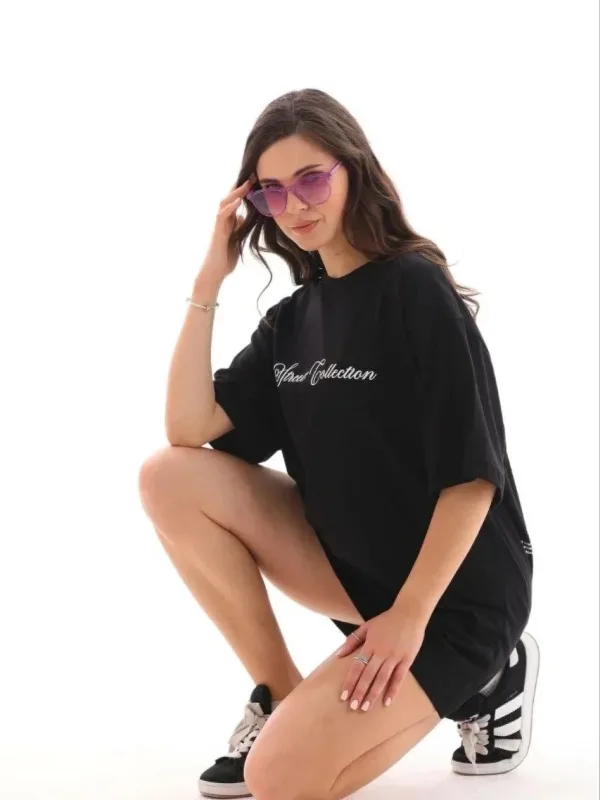 Femeie Negru Oversize Guler Bicicletă Imprimat Tricou 3