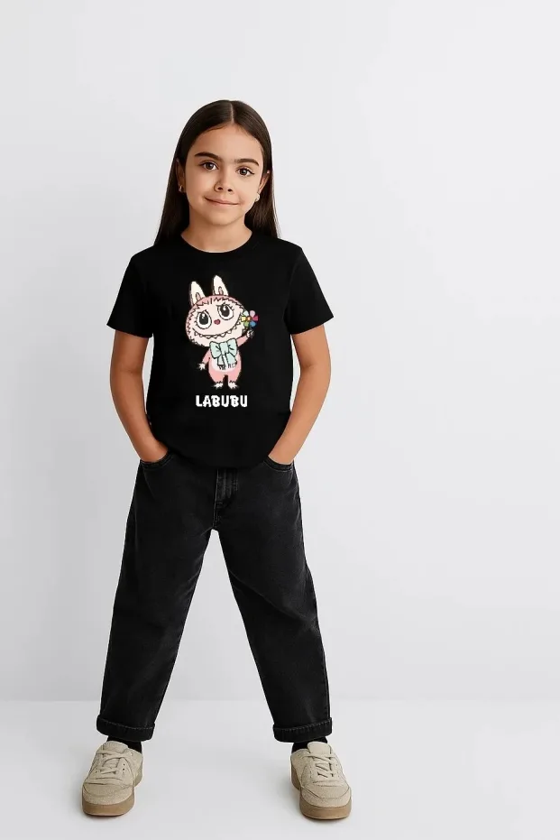 Kız Siyah Labubu Baskılı Oversize Tişört 2