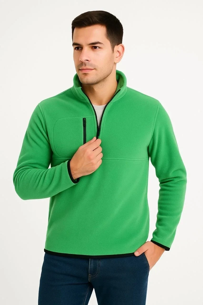 Men's Green Polar Stand Collar Half Zip Chest Pocket Sweater