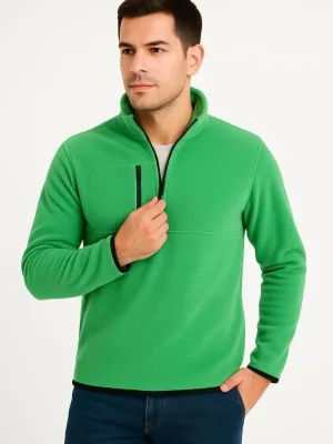 Men's Green Polar Stand Collar Half Zip Chest Pocket Sweater