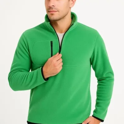 Men's Green Polar Stand Collar Half Zip Chest Pocket Sweater 1