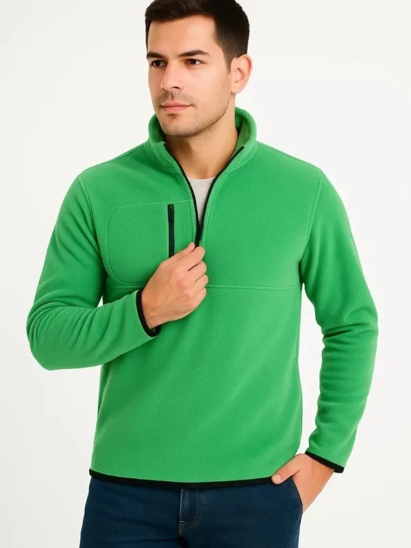 Men's Green Polar Stand Collar Half Zip Chest Pocket Sweater 1