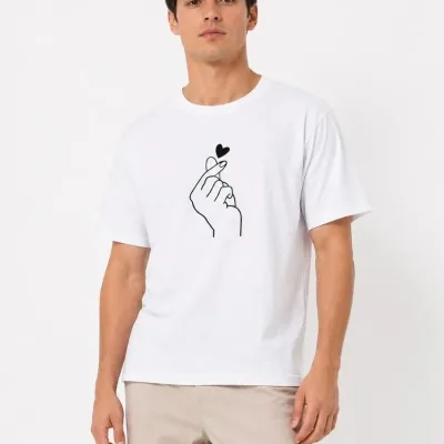 Muški bijeli oversize print srce tema kratki rukav majica 2