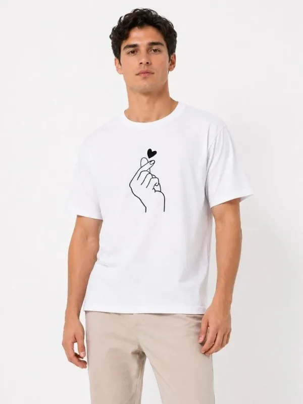 Muški bijeli oversize print srce tema kratki rukav majica 2