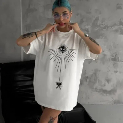 Women's White Oversize Crew Neck Printed Short Sleeve T-Shirt 2