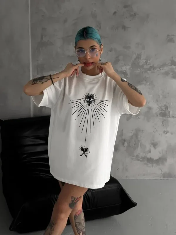 Women's White Oversize Crew Neck Printed Short Sleeve T-Shirt 2