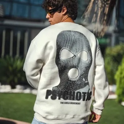 Sweatshirtê Spî ê Mêran ê Bi 3 Têlên Pembû, Stûyê Bisîkletê û Çapkirî 3