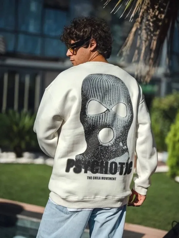 Sweatshirtê Spî ê Mêran ê Bi 3 Têlên Pembû, Stûyê Bisîkletê û Çapkirî 3