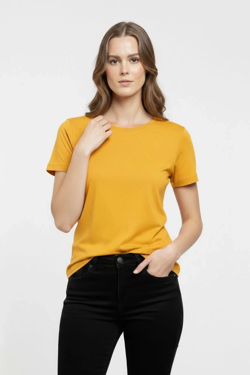 Femeie Tricou Basic Galben Slim Fit cu Guler Bicicletă, Elastan 2