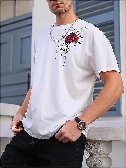 Tricou oversized pentru bărbați, alb, cu gât rotund, imprimat cu trandafir 3