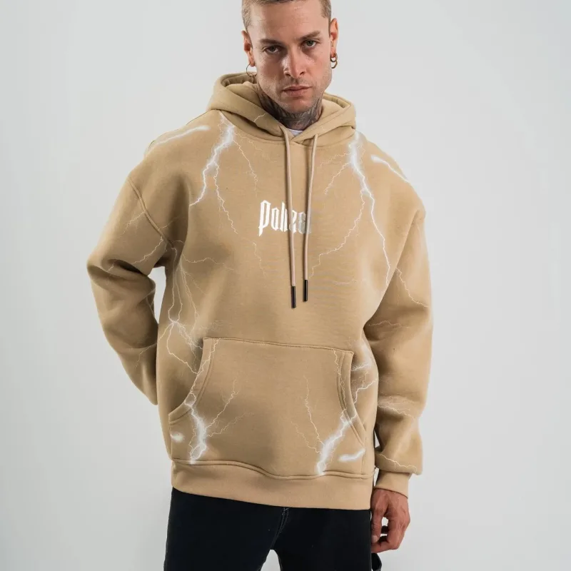 Sweatshirtê Mêran ê Dûmanî, Oversize, 3 Têl Pembû, Bi Çap, Bi Kapşon