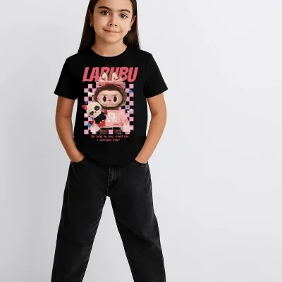 Devojčica Crna Labubu Print Oversize Majica 2