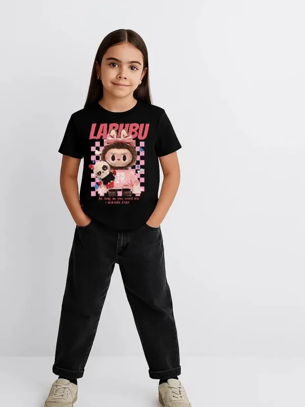 Devojčica Crna Labubu Print Oversize Majica 2