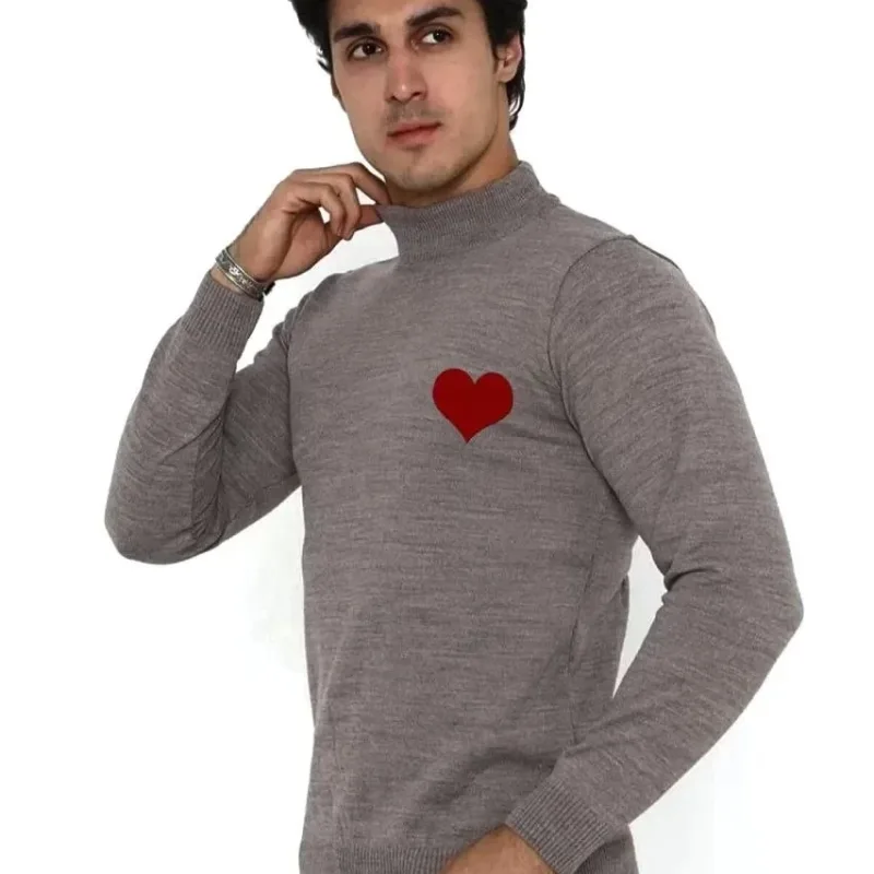 Men's Mink Half Turtleneck Heart Print Knit Sweater