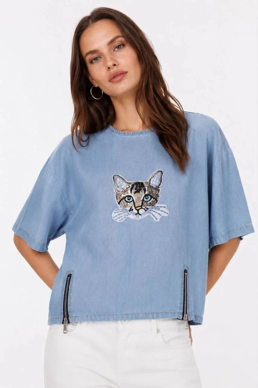 Men's Blue Oversize Scoop Neck Printed T-Shirt