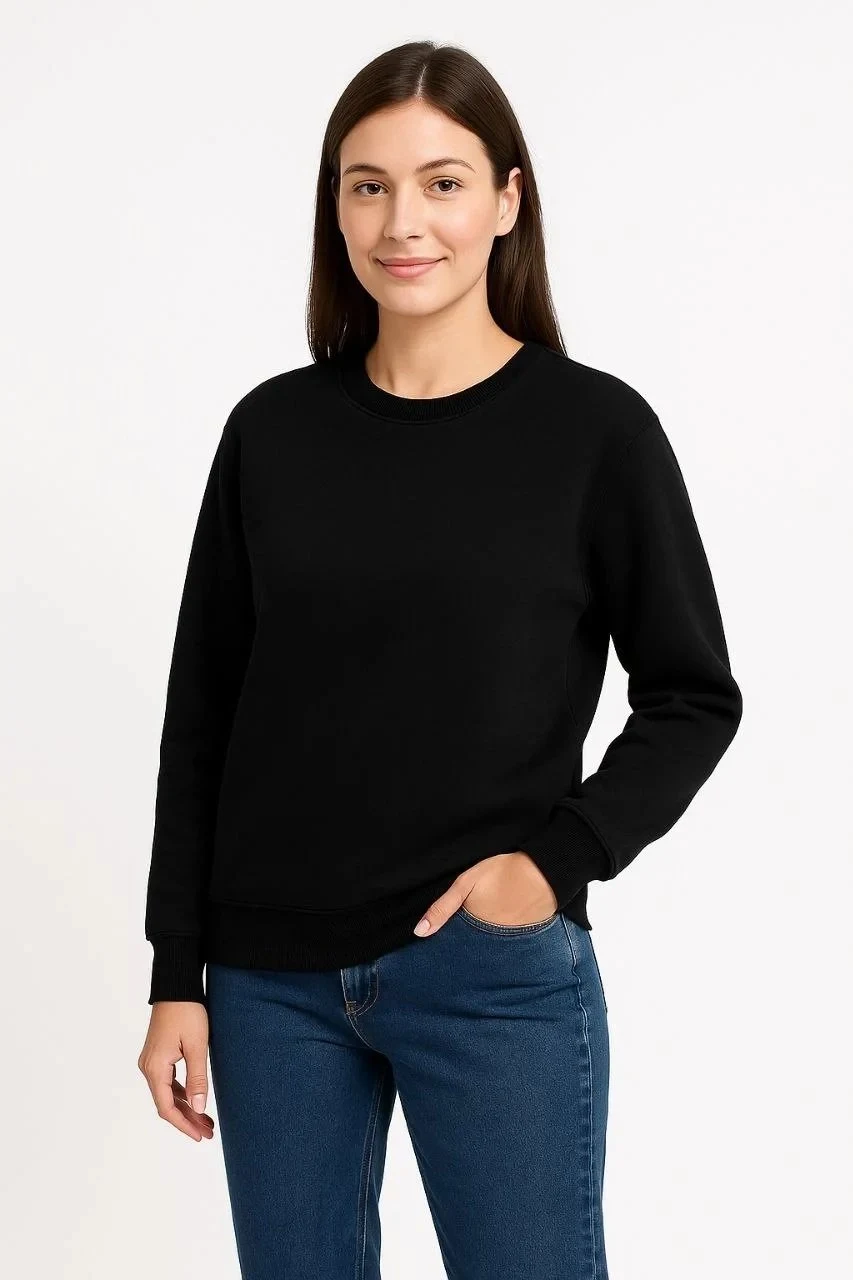 Női Fekete 3 Szálas Pamut Sima Kerékpárnyakú Sweatshirt
