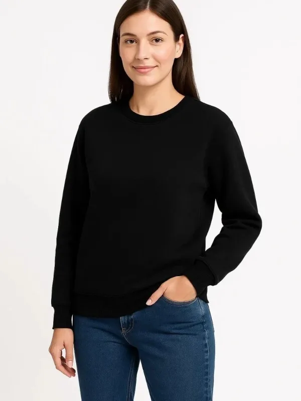 Női Fekete 3 Szálas Pamut Sima Kerékpárnyakú Sweatshirt 1