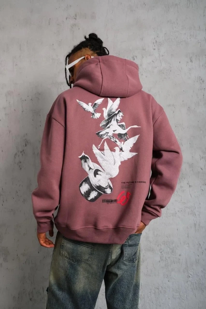 Pánské růžové oversized 3-nitní bavlněné kapucové potištěné mikiny
