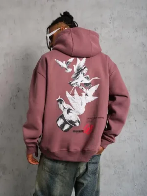 Pánské růžové oversized 3-nitní bavlněné kapucové potištěné mikiny
