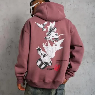 Pánské růžové oversized 3-nitní bavlněné kapucové potištěné mikiny 1