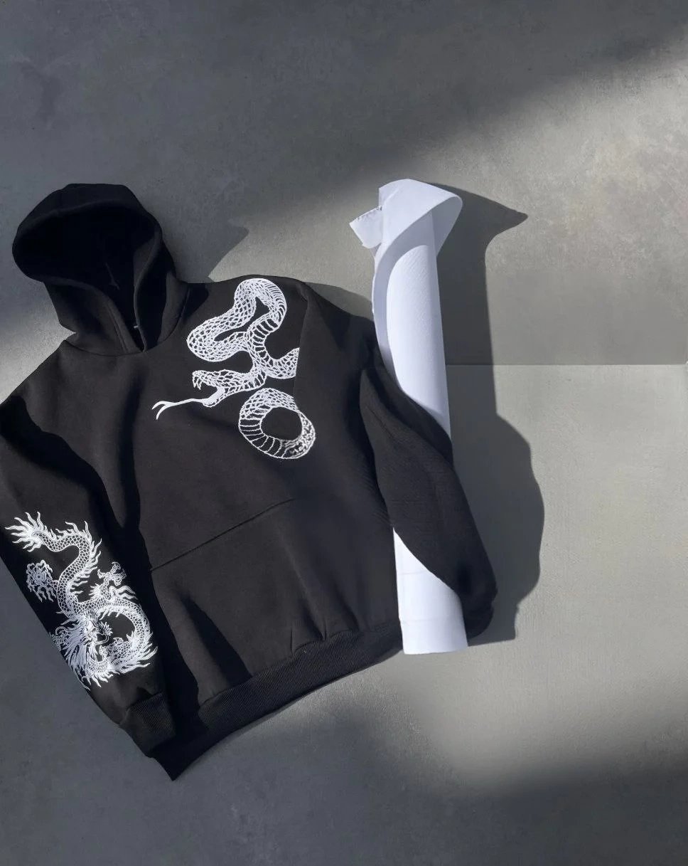Muška crna oversize 3-nitna pamučna printana kapuljača s džepom sweatshirt 2