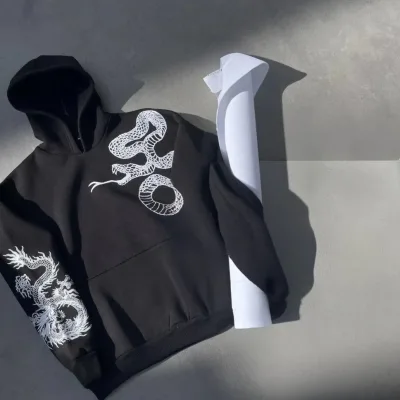 Pánsky čierny oversize 3-niťový bavlnený mikina s potlačou, kapucňou, vreckom 2