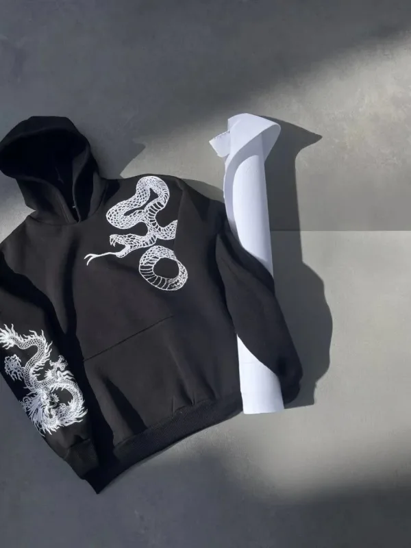 Pánsky čierny oversize 3-niťový bavlnený mikina s potlačou, kapucňou, vreckom 2